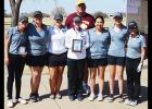 The Clinton girls’ golf team poses together after collecting third place at its home tourney. Pictured are, front row, from left, Adrianna Glance, Abigail Heard, Harli Heerwald, Loren Coleman, Audrey Hernandez, Kennedy Meacham and Kaitlyn Jenkins; back row, head coach Mike Lee. Article Image Alt Text